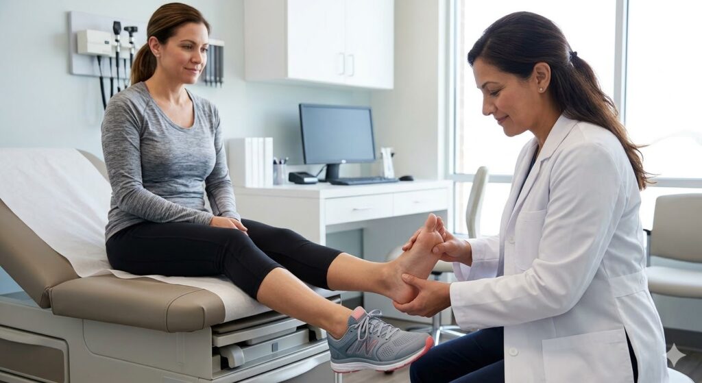 Plantar fasciitis doctor cypress performing foot examination on patient in modern medical clinic setting