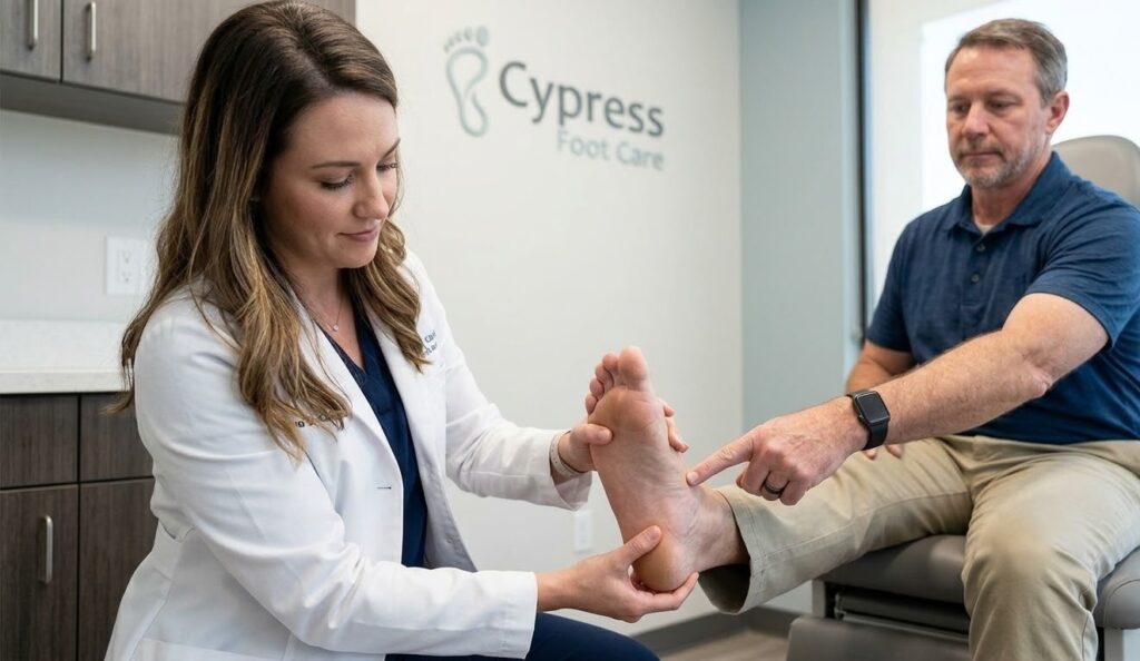 A compassionate plantar fasciitis doctor Cypress Texas palpates a patient's painful heel in a modern exam room.