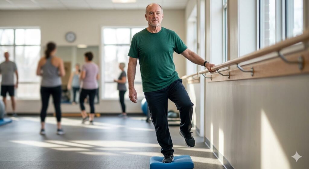 Senior man performing balance exercises at a clinic as part of a recovery plan involving qutenza treatment near me.
