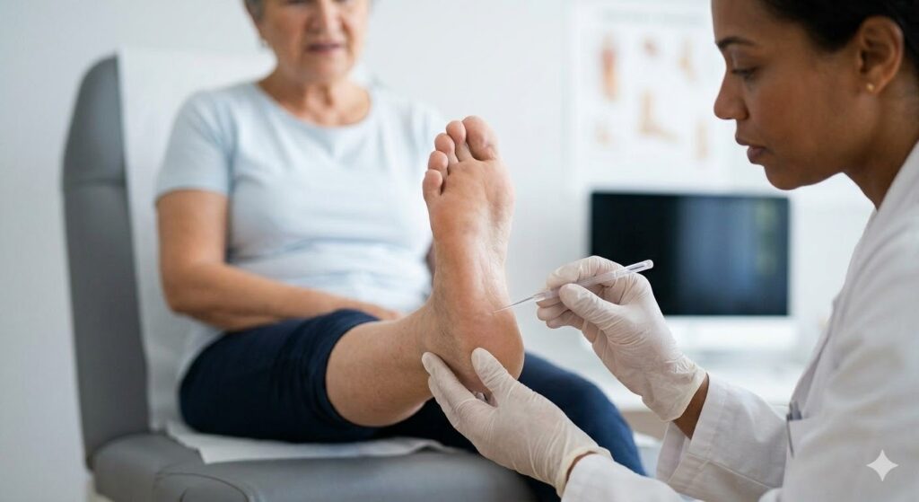 A specialist applies a precise monofilament test to a diabetic patient's heel, demonstrating a crucial test at a heel pain doctor in Houston.