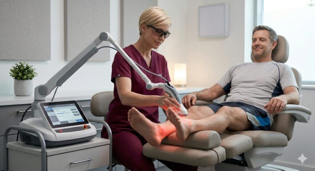 A technician performs laser therapy on a patient's foot in a modern Houston clinic. Visit a top foot and ankle specialist Houston.