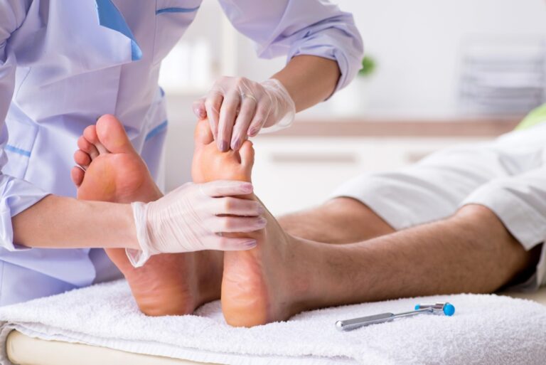 Patient receiving a comprehensive foot health checkup from the leading toe doctors Cypress podiatry clinic team.