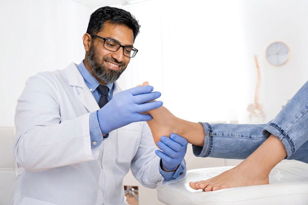 Male doctor examining patient's foot in a clinical setting, a top Blue cross blue shield podiatrist cypress choice.