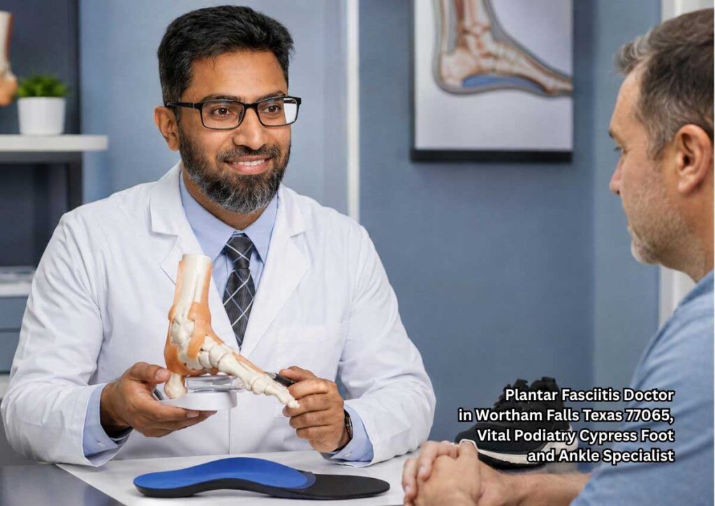 Plantar fasciitis doctor cypress discussing foot pain, orthotic insoles, and treatment options with a patient.