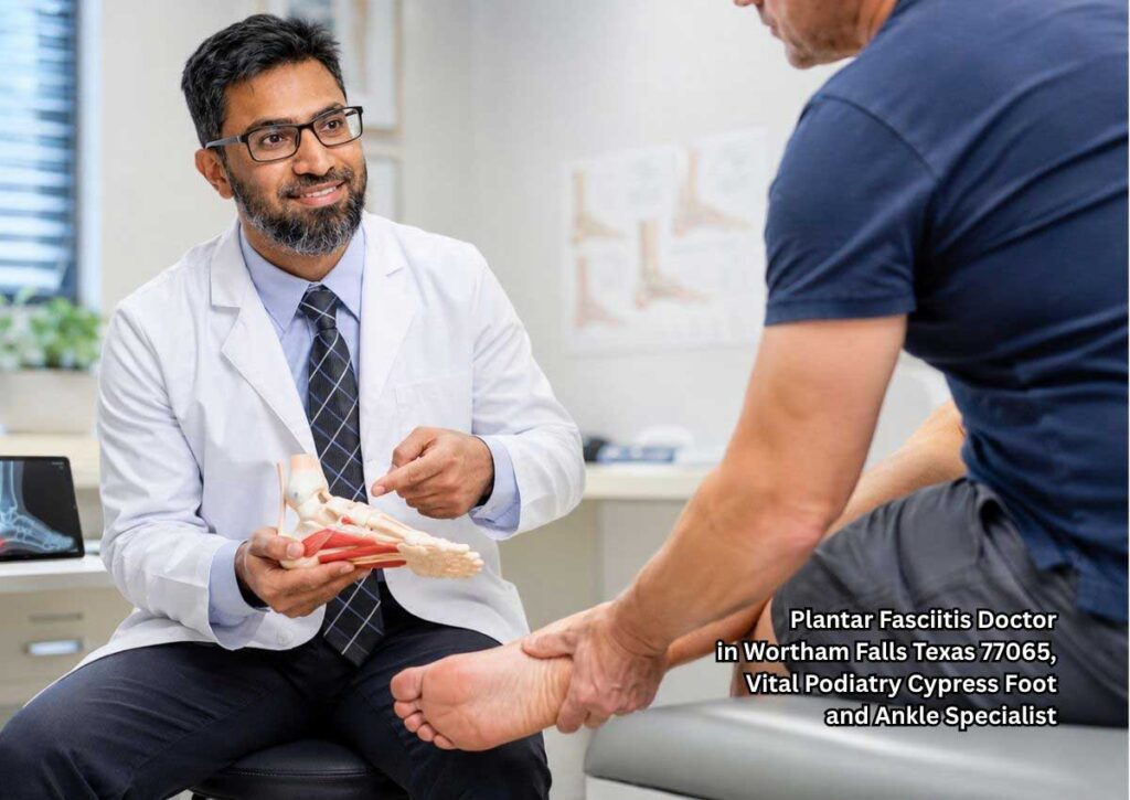 Plantar fasciitis doctor cypress examining a patient's foot arch during a professional podiatry clinic visit.
