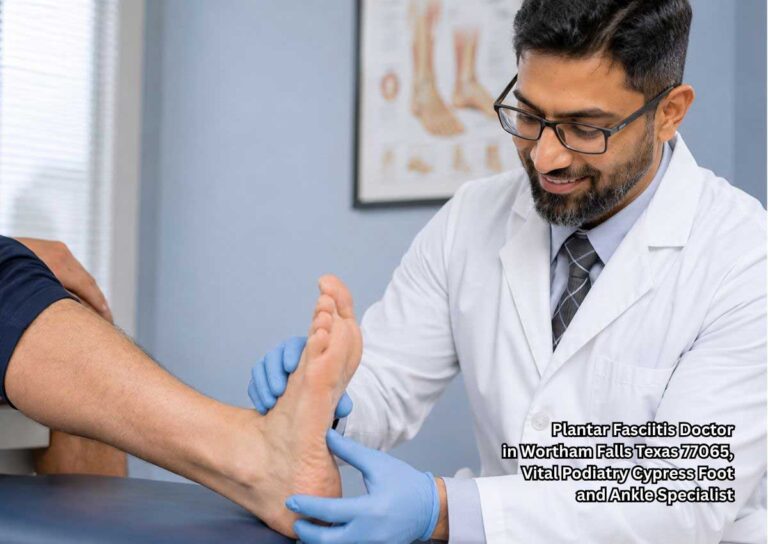 Plantar fasciitis doctor cypress explaining heel pain with a foot model during a patient consultation in a clinic.