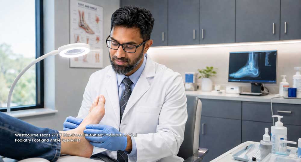 BlueCross BlueShield podiatrist examining patient's foot at Vital Podiatry Foot and Ankle Specialist in Texas 77377.