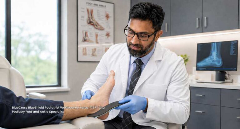 BlueCross BlueShield podiatrist fitting custom orthotics at Vital Podiatry Foot and Ankle Specialist in Texas 77377.