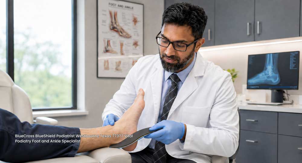 BlueCross BlueShield podiatrist fitting custom orthotics at Vital Podiatry Foot and Ankle Specialist in Texas 77377.