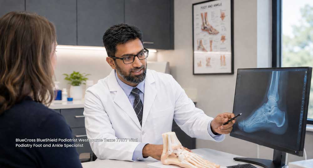 BlueCross BlueShield podiatrist at Vital Podiatry in Westbourne, Texas 77377 explaining foot X-ray to patient.