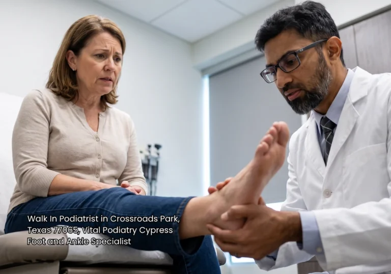 Podiatrist examining a woman's foot during an evaluation at a no insurance medical clinic.