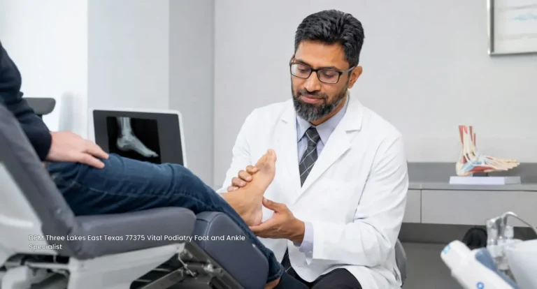 Podiatry specialist performing foot examination on patient at DPM Houston Vital Podiatry Foot and Ankle Specialist.