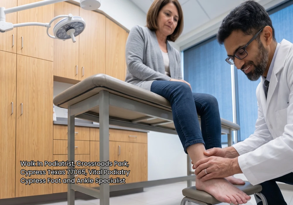 Foot specialist checking a female patient's ankle at an affordable no insurance medical clinic.