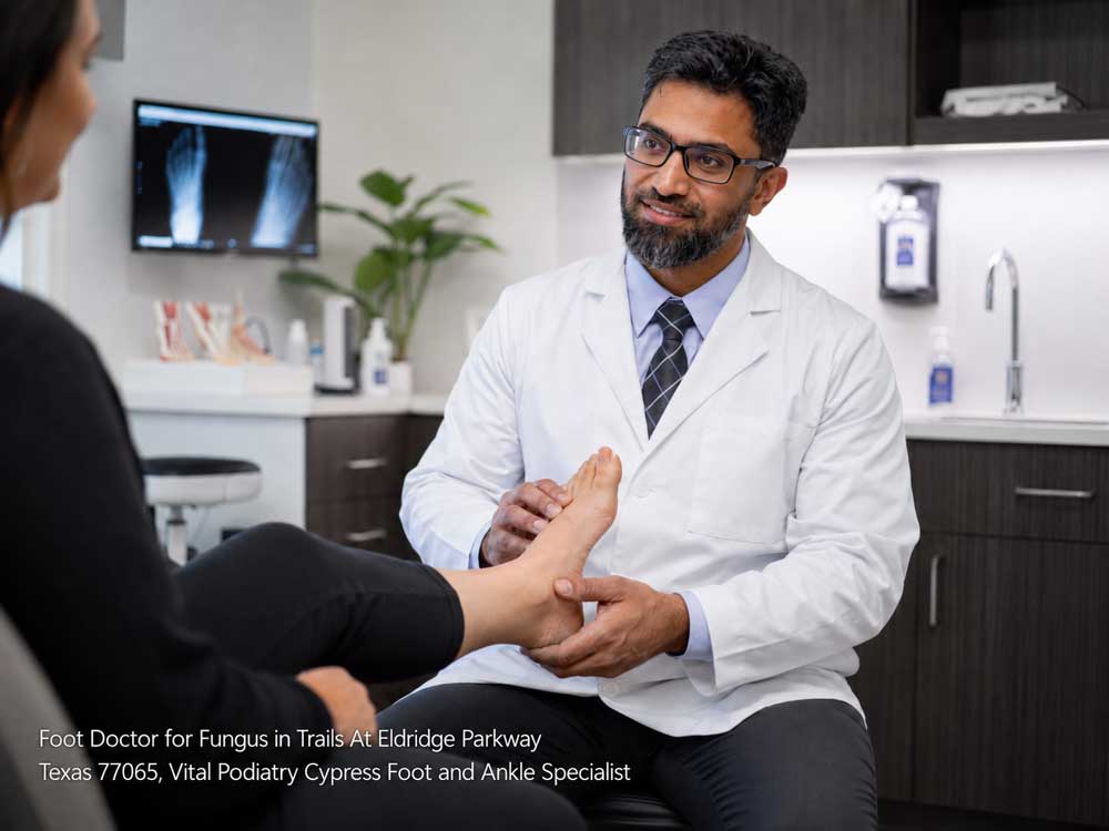 A foot doctor for fungus cypress examines a patient's bare foot during a podiatry checkup at a medical clinic