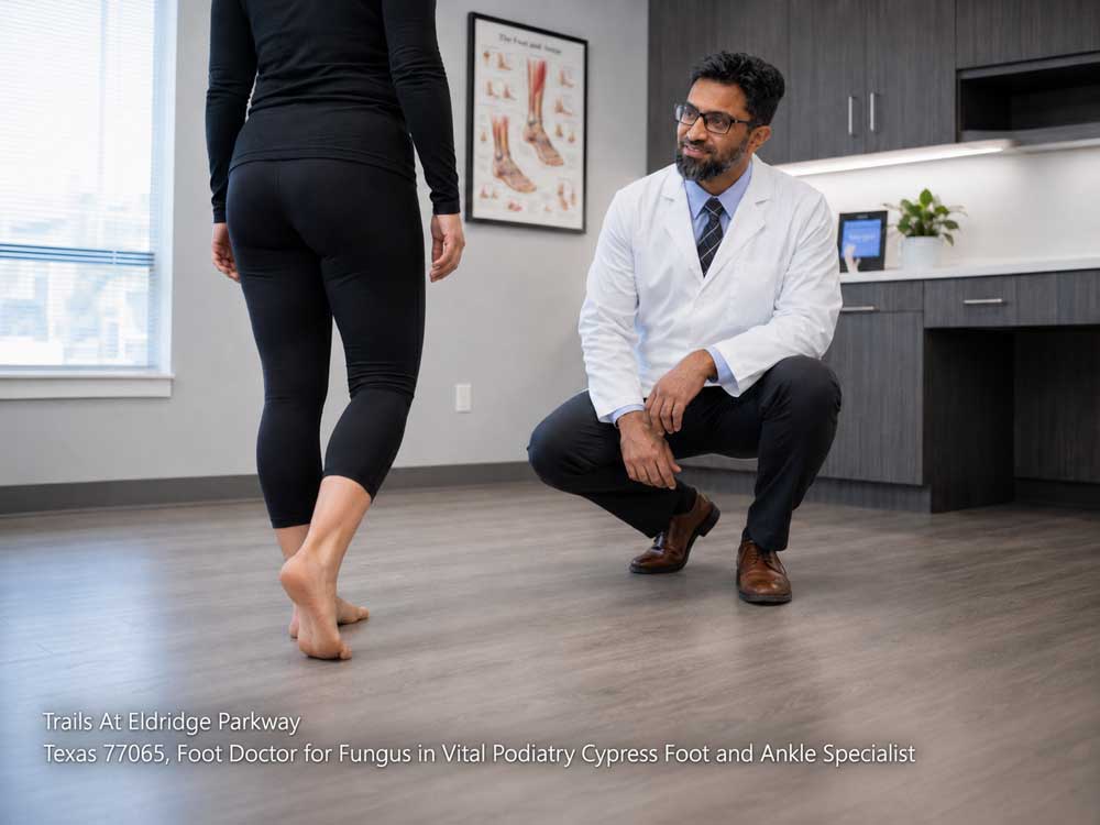 A foot doctor for fungus cypress observes a patient walking barefoot to analyze their gait in a clinic office