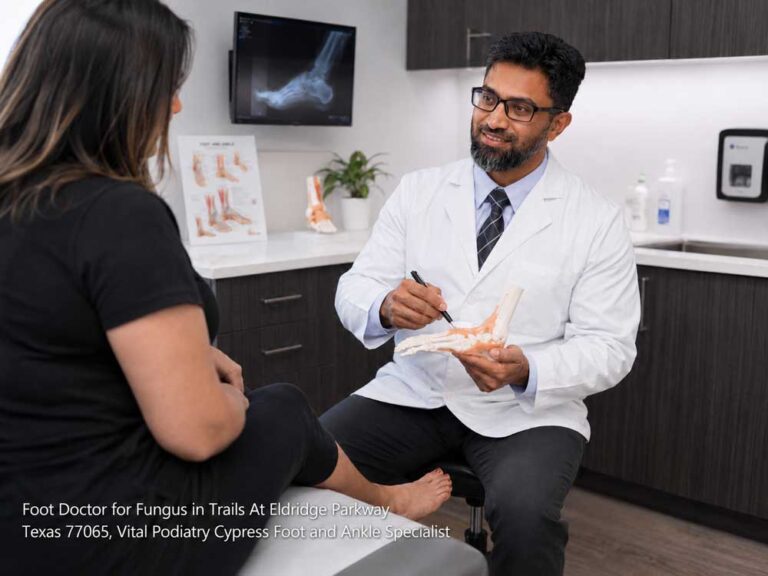 A foot doctor for fungus cypress uses an anatomical foot model to explain a diagnosis to a patient in an office