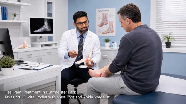 A podiatrist uses a foot anatomy model to explain personalized options for heel pain treatment cypress patients.