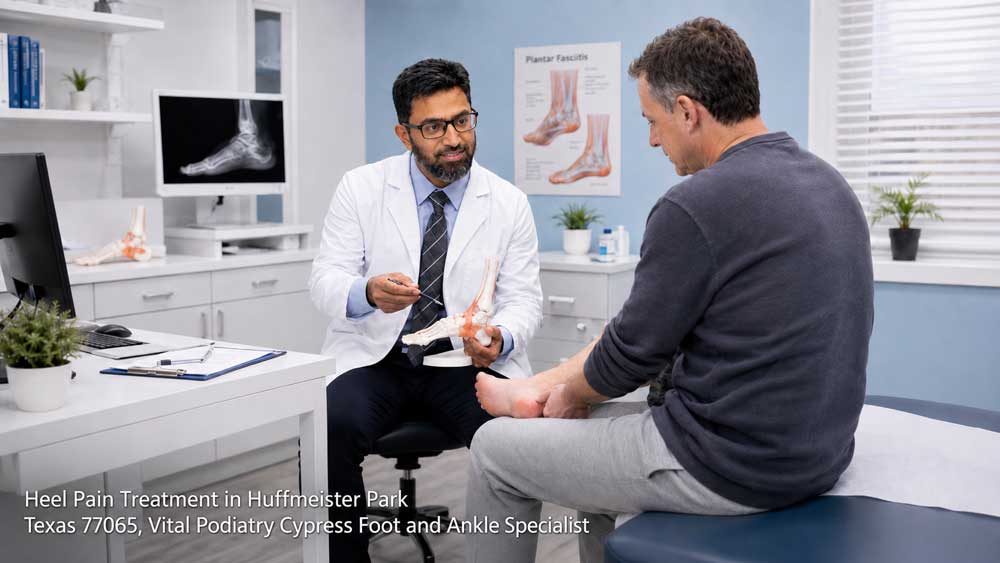 A podiatrist uses a foot anatomy model to explain personalized options for heel pain treatment cypress patients.