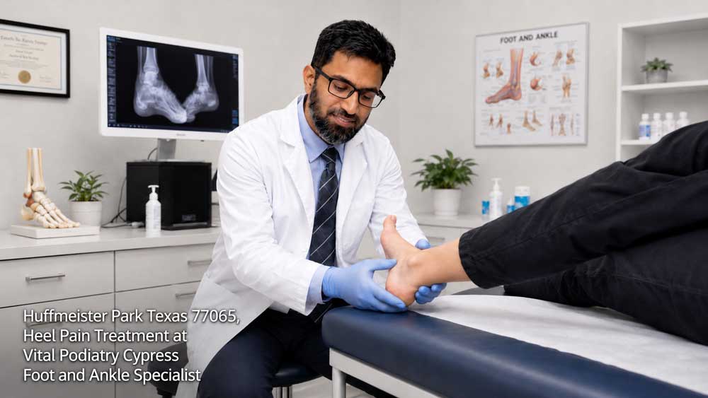 Experienced podiatrist closely examining a patient's heel for specialized heel pain treatment cypress patients.