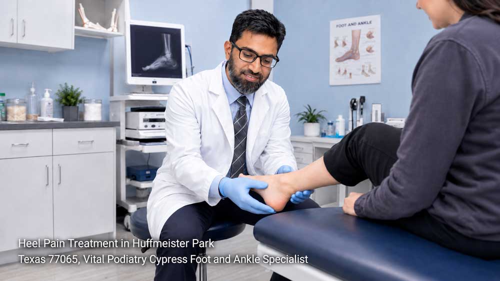 An expert podiatrist examines a patient's foot to provide effective heel pain treatment cypress residents trust.