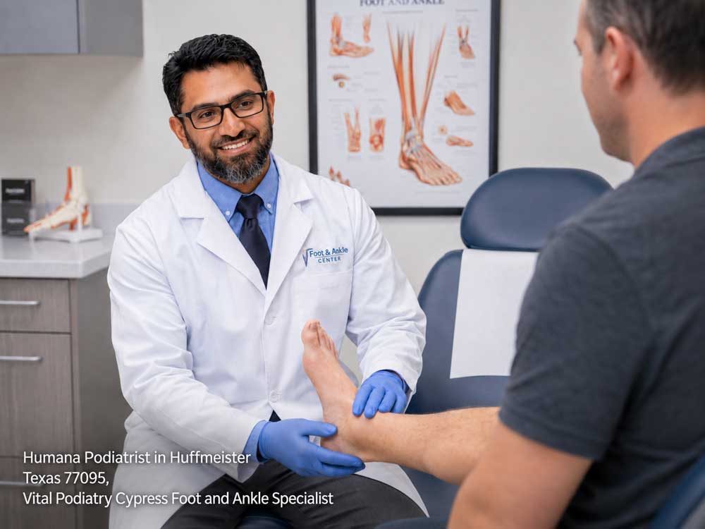 Humana podiatrist Cypress specialist examining a male patient's foot and ankle at Vital Podiatry clinic in Texas.