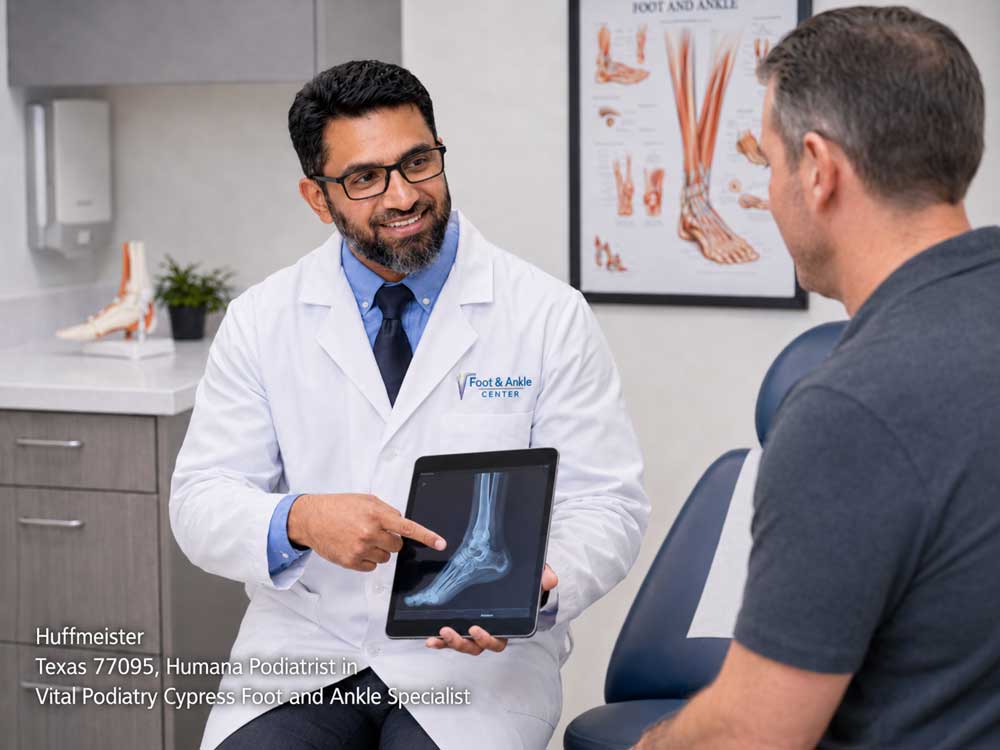 Humana podiatrist Cypress specialist showing digital foot X-ray results on a tablet during a patient appointment.