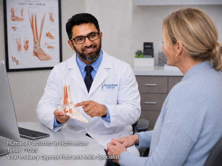 Humana podiatrist Cypress specialist pointing to a anatomical foot model during a consultation at Vital Podiatry.
