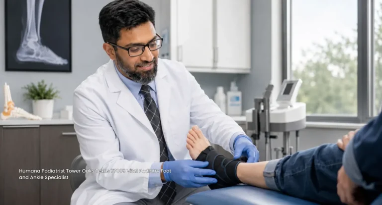 Vital Podiatry foot and ankle specialist applying a brace for a patient, top Humana podiatrist in Tower Oaks 77065.
