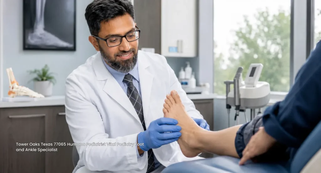 Vital Podiatry foot specialist examining a patient in Tower Oaks, Houston TX 77065, an expert Humana podiatrist doctor. 