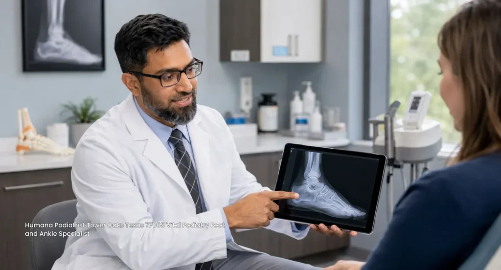 Humana podiatrist at Vital Podiatry showing an ankle X-ray on a tablet to a patient in Tower Oaks, Houston TX 77065. 
