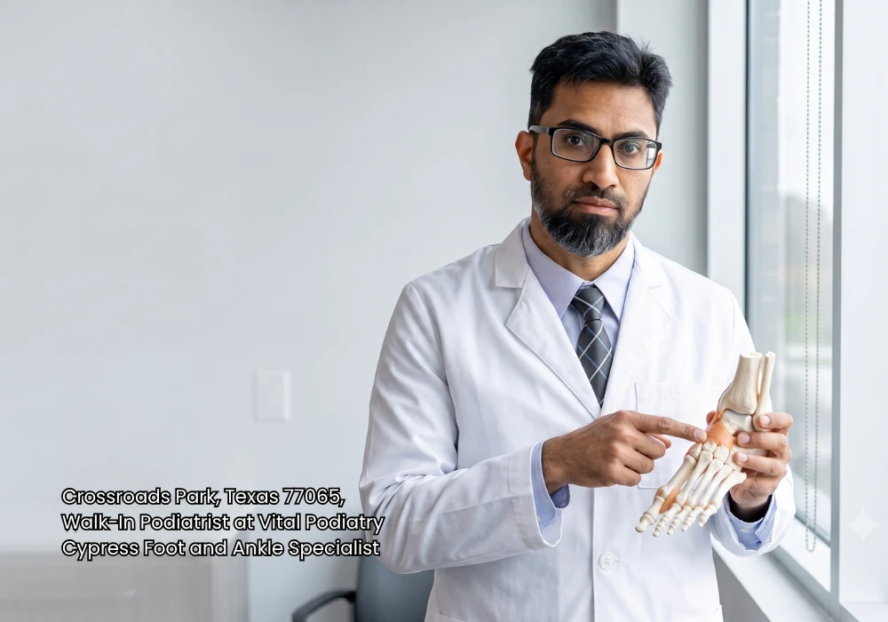 Doctor pointing to a skeletal foot model to explain treatment at a no insurance medical clinic.