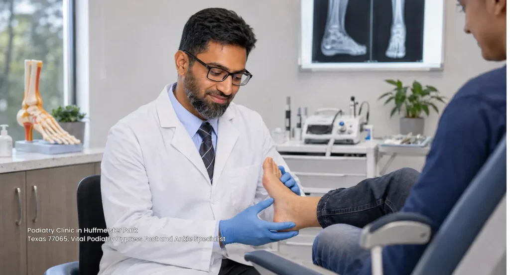 Male foot specialist examining a patient's foot at a top-rated podiatry clinic cypress Texas location. 
