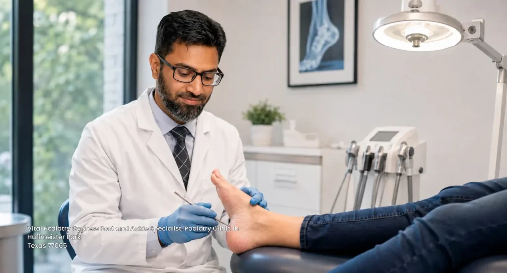 Experienced doctor performing foot treatment using specialized tools at our podiatry clinic cypress office. 