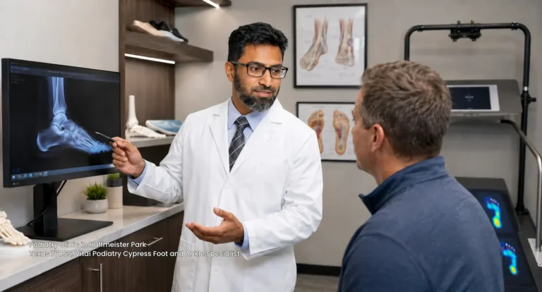 Podiatrist explaining foot X-ray results during a patient consultation at our podiatry clinic cypress venue.