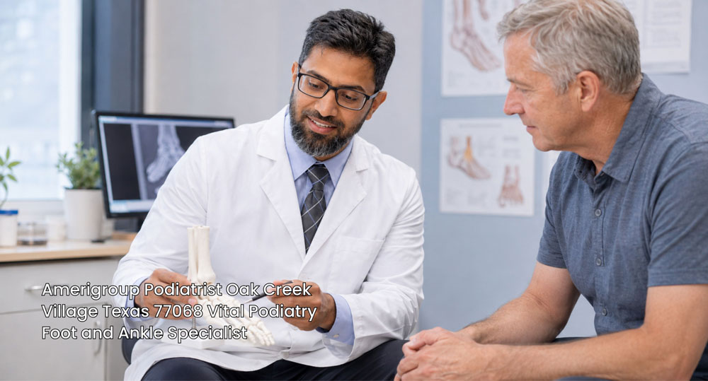 Amerigroup podiatrist Houston doctor using a foot skeleton model to explain treatment options to a senior male patient.