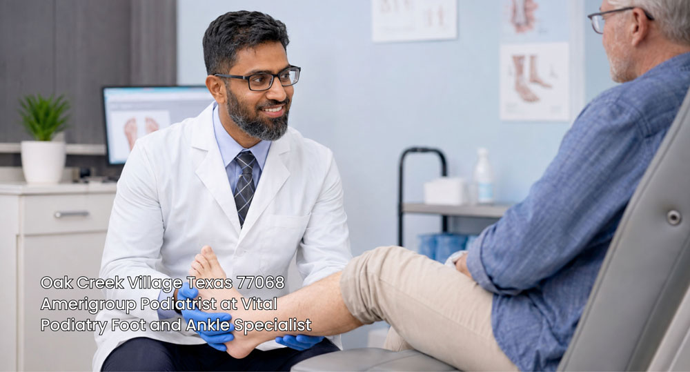 Amerigroup podiatrist Houston doctor performing a foot examination on a patient seated in a clinical treatment room.