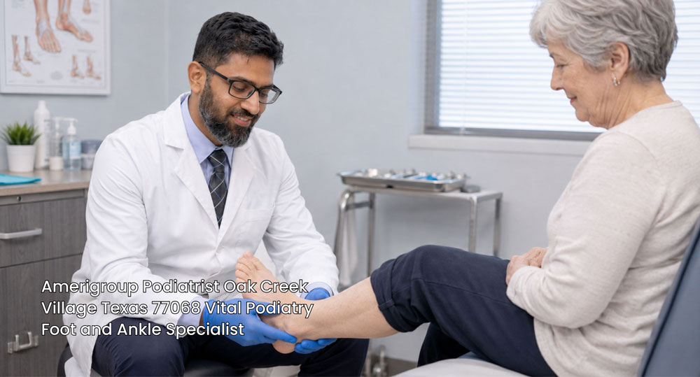 Amerigroup podiatrist Houston specialist examining the foot and ankle of an elderly female patient during consultation.