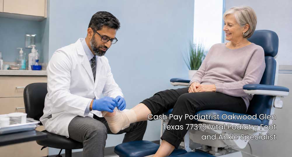 A cash pay podiatrist at Vital Podiatry Clinic wraps a supportive bandage on a female patient's ankle during exam.