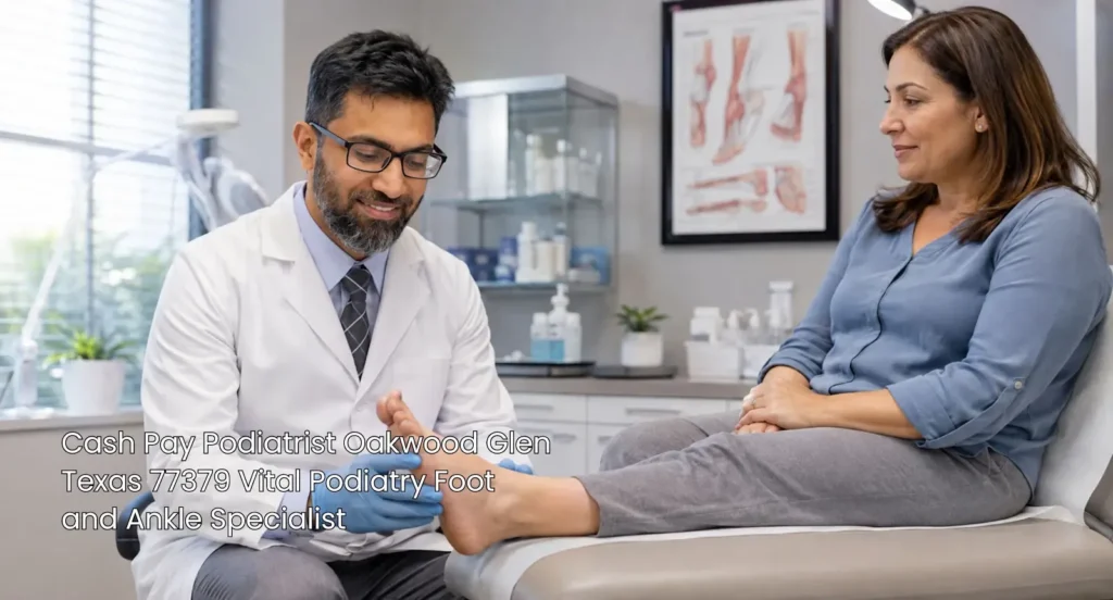 A cash pay podiatrist at Vital Podiatry performing a foot examination on a female patient in Oakwood Glen, Texas.