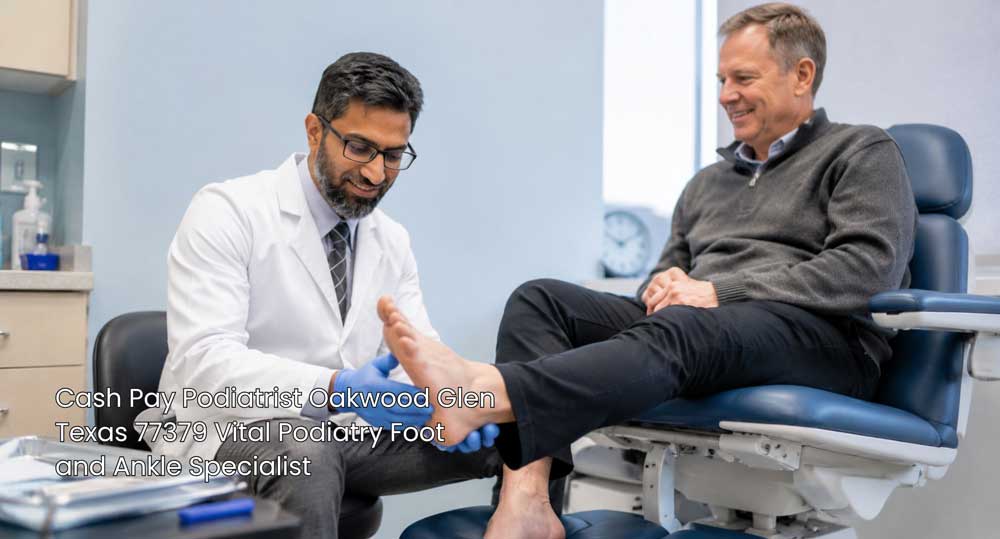 A cash pay podiatrist at Vital Podiatry Foot and Ankle Clinic carefully examines a male patient's foot in his office.