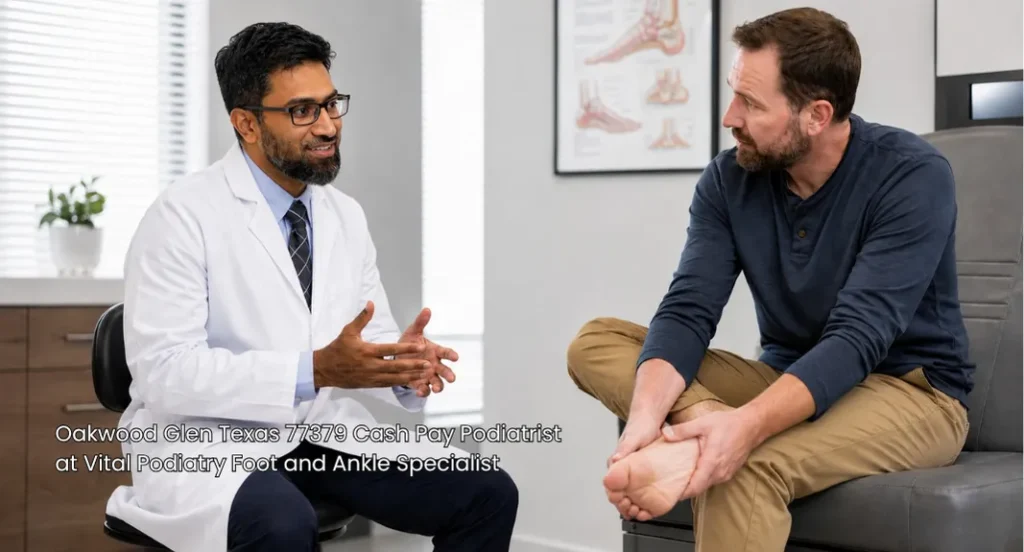 A cash pay podiatrist discussing foot pain treatment options during a patient consultation in Oakwood Glen, TX.