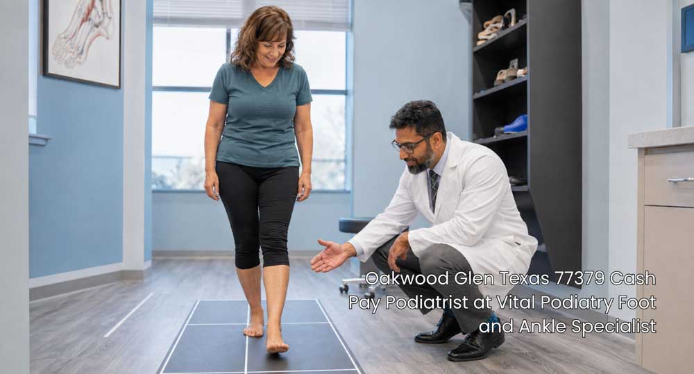 A cash pay podiatrist at Vital Podiatry Clinic guides a female patient through a walking gait test during foot care.