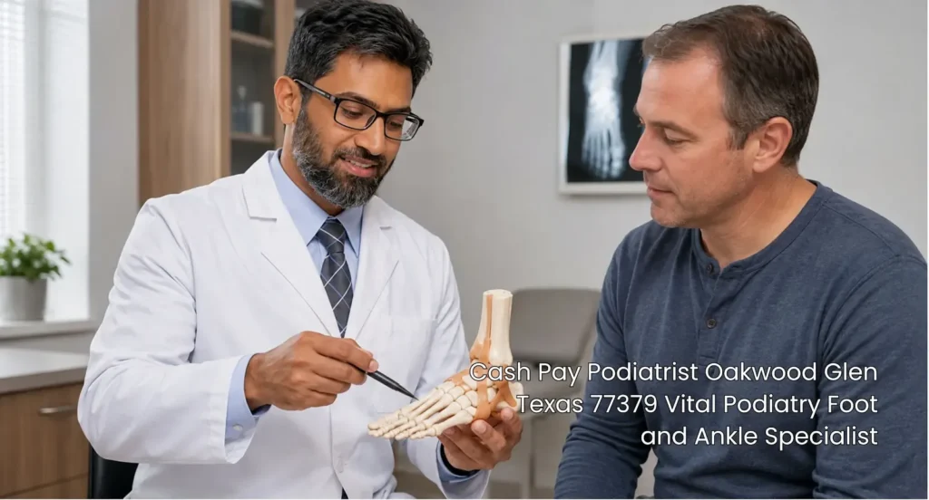 A cash pay podiatrist explaining foot anatomy using a anatomical bone model at Vital Podiatry in Oakwood Glen.