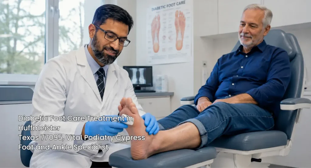 Doctor evaluating a patient during a diabetic foot care treatment in Cypress consultation.