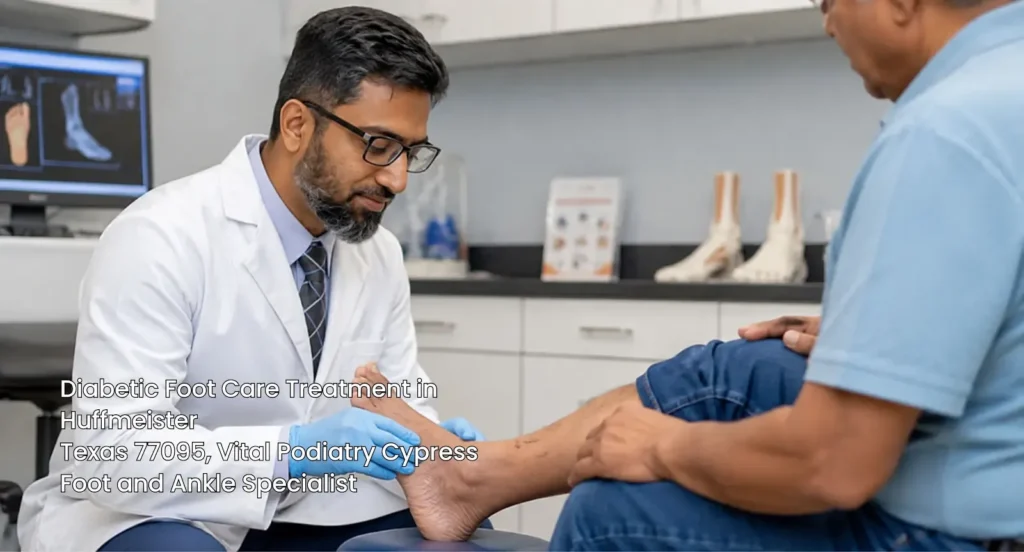 Specialist conducting a diabetic foot care treatment in Cypress examination for a patient.
