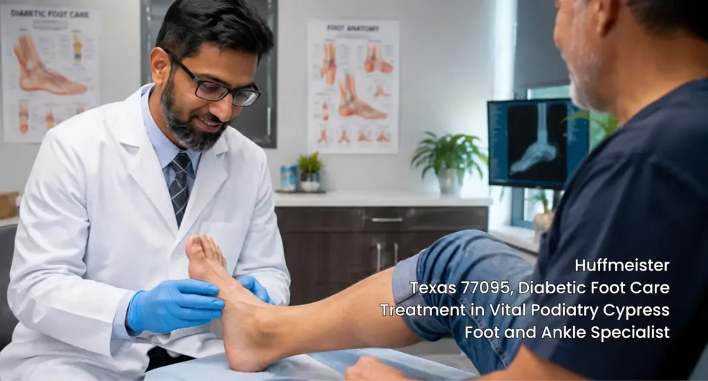 Foot specialist providing diabetic foot care treatment in Cypress during a routine checkup.
