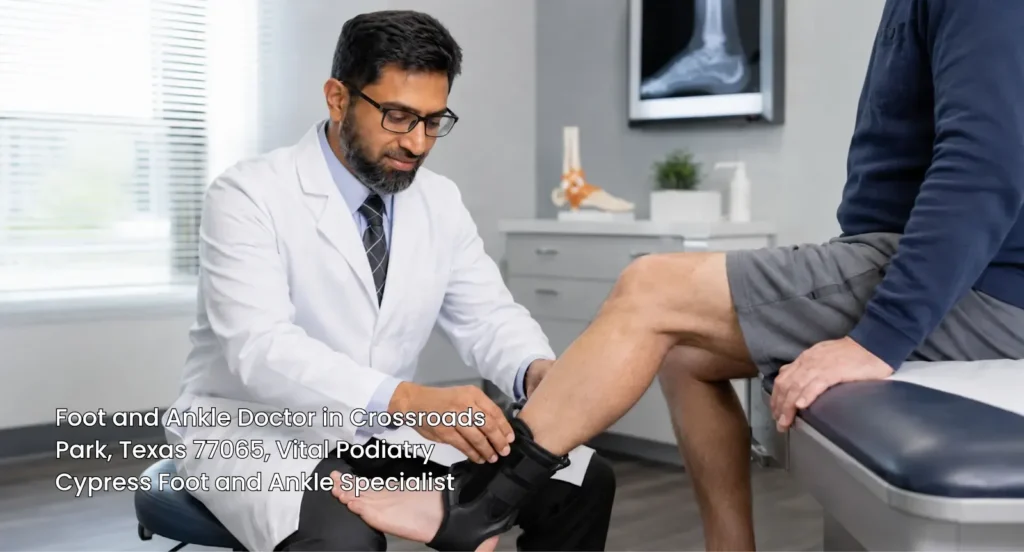 Skilled foot and ankle doctor Cypress carefully adjusting a supportive black ankle brace during a patient consultation.