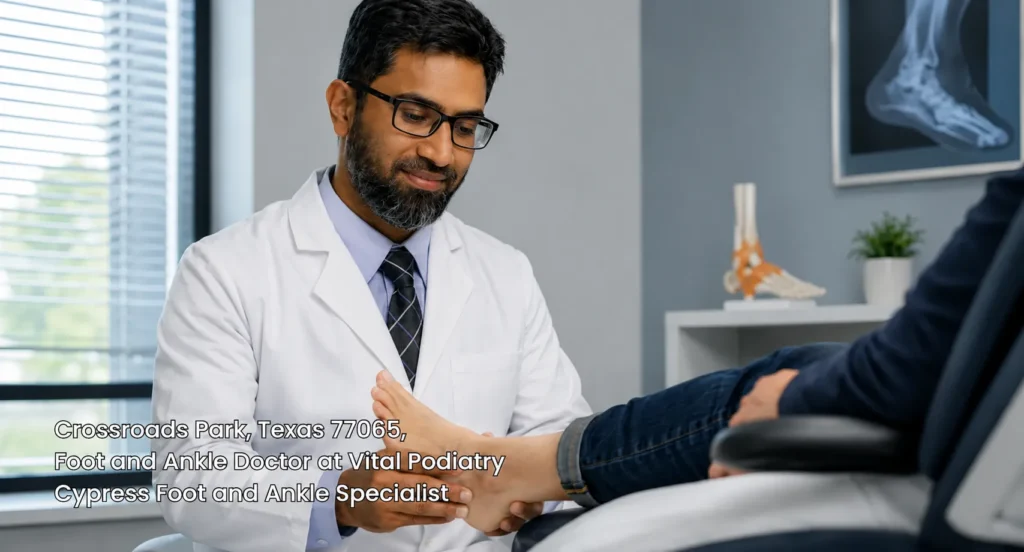Caring foot and ankle doctor Cypress performing a hands-on physical exam on a patient's foot at Vital Podiatry.