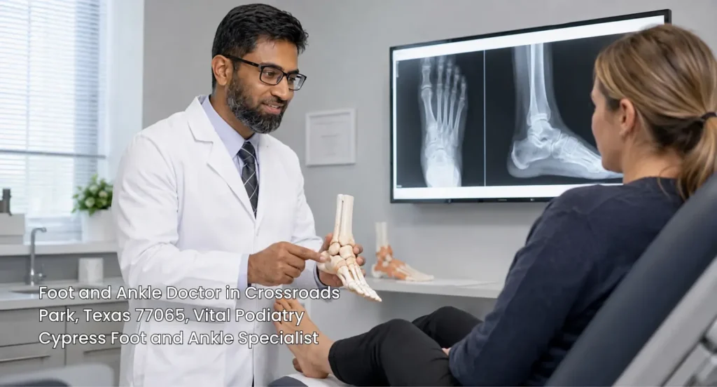 Experienced foot and ankle doctor Cypress explaining foot bone structure to a patient using an anatomical model.
