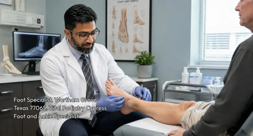 Expert foot specialist cypress examining a patient's foot and ankle during a podiatric checkup in clinic. 